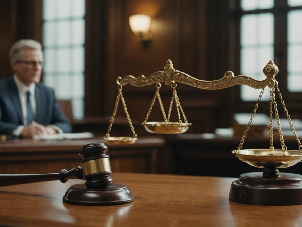 Courtroom gavel and scales representing justice and conviction