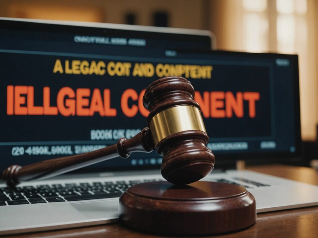 Gavel and computer screen with illegal content warning.