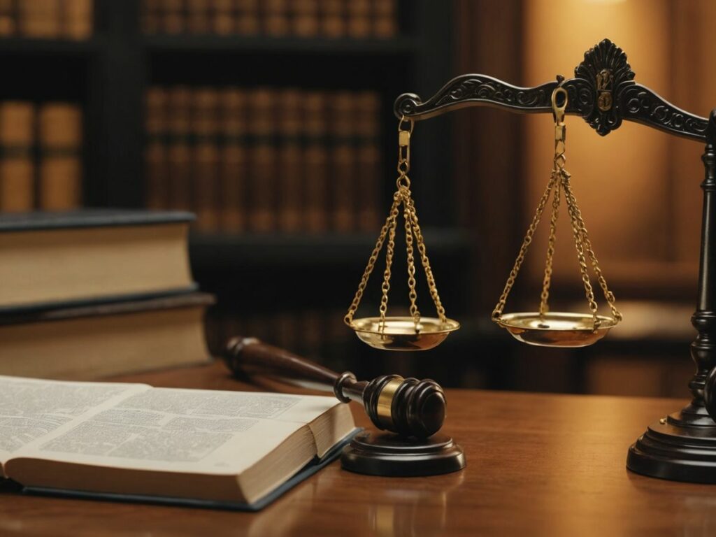 Gavel, scales, and law book on a table