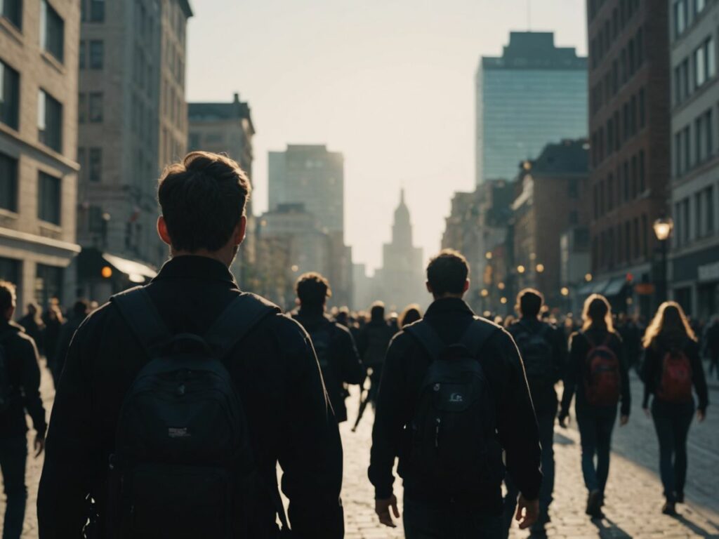 Guide leading group in city, representing 'Escort' meaning.