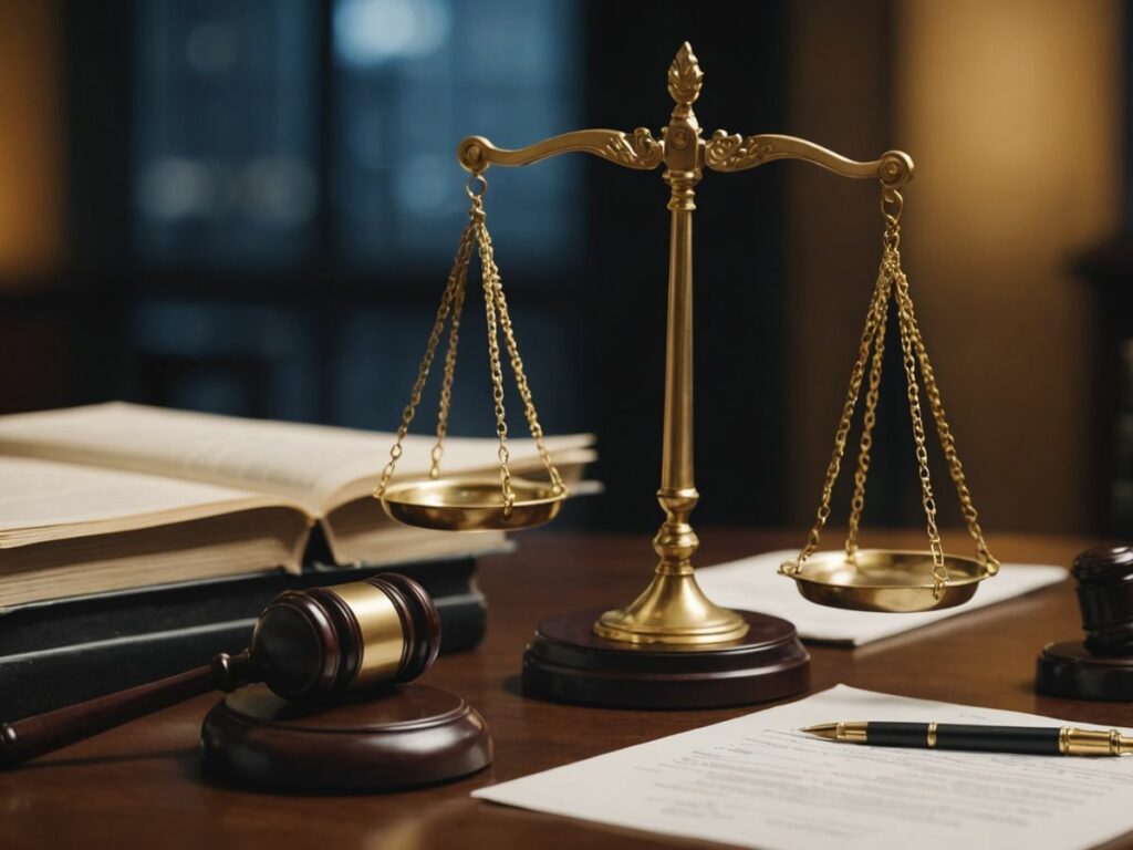 Scales of justice, legal documents, and gavel