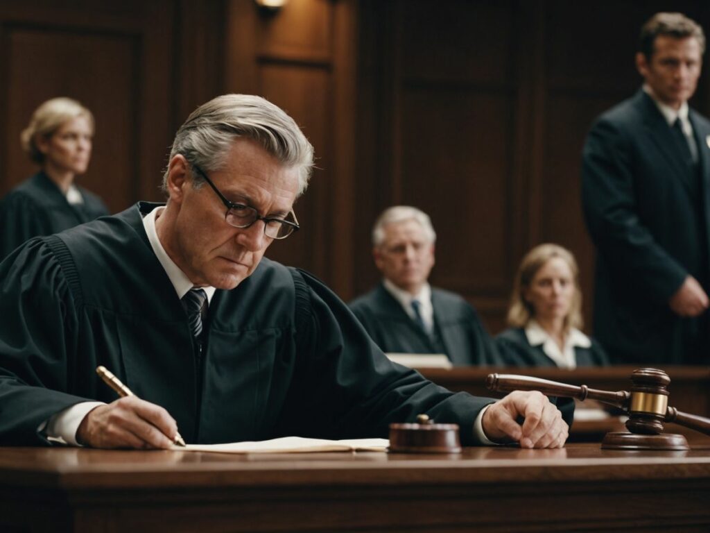 Courtroom scene with judge and gavel, symbolizing justice.